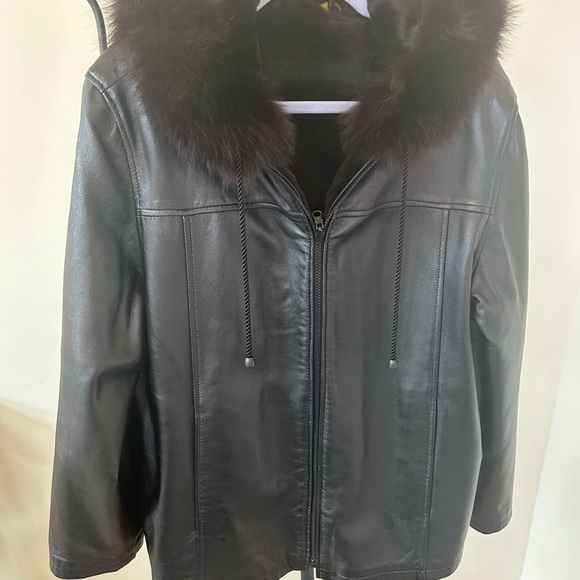 Black Sheared Beaver & Leather Reversible Coat with Fox Fur Lined Hood M/L - Picture 4 of 13